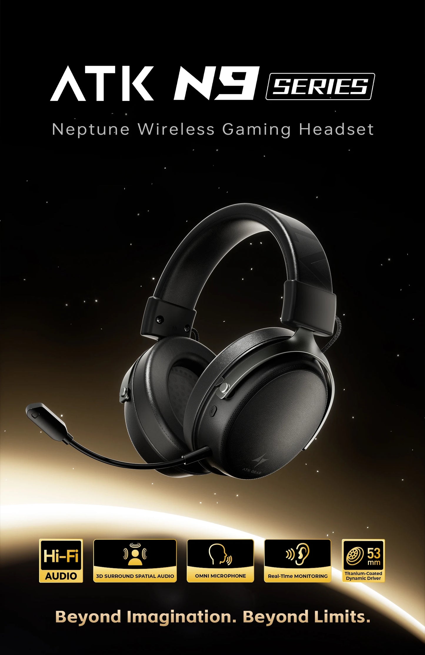 ATK N9 Game Headset Three Mode Wireless Headworn PS5  PC Gaming Headset Microphone Virtual 7.1 Surround Noise Reduction Headset