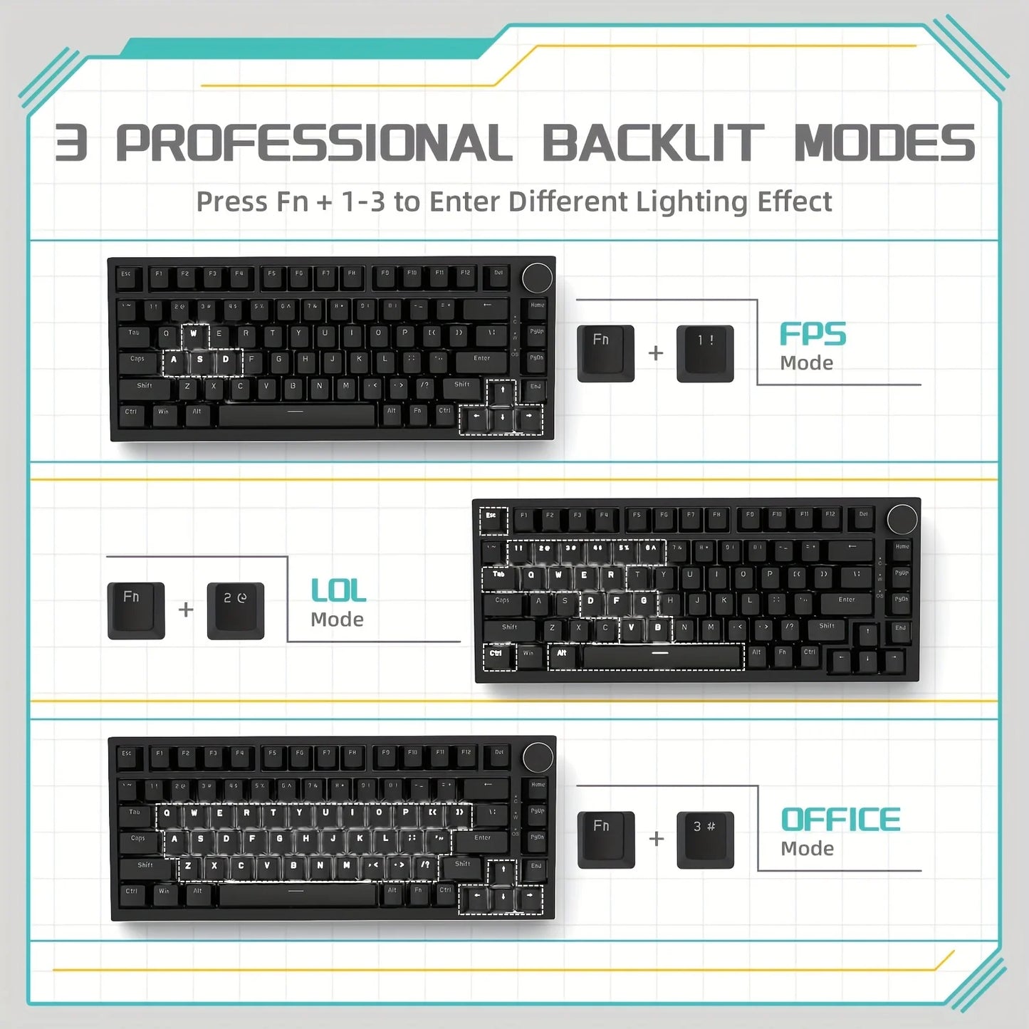 AJAZZ AK820 Wired With Rotary Volume Buttons Hot-Swappable Keys For Office And Home Mechanical Keyboards