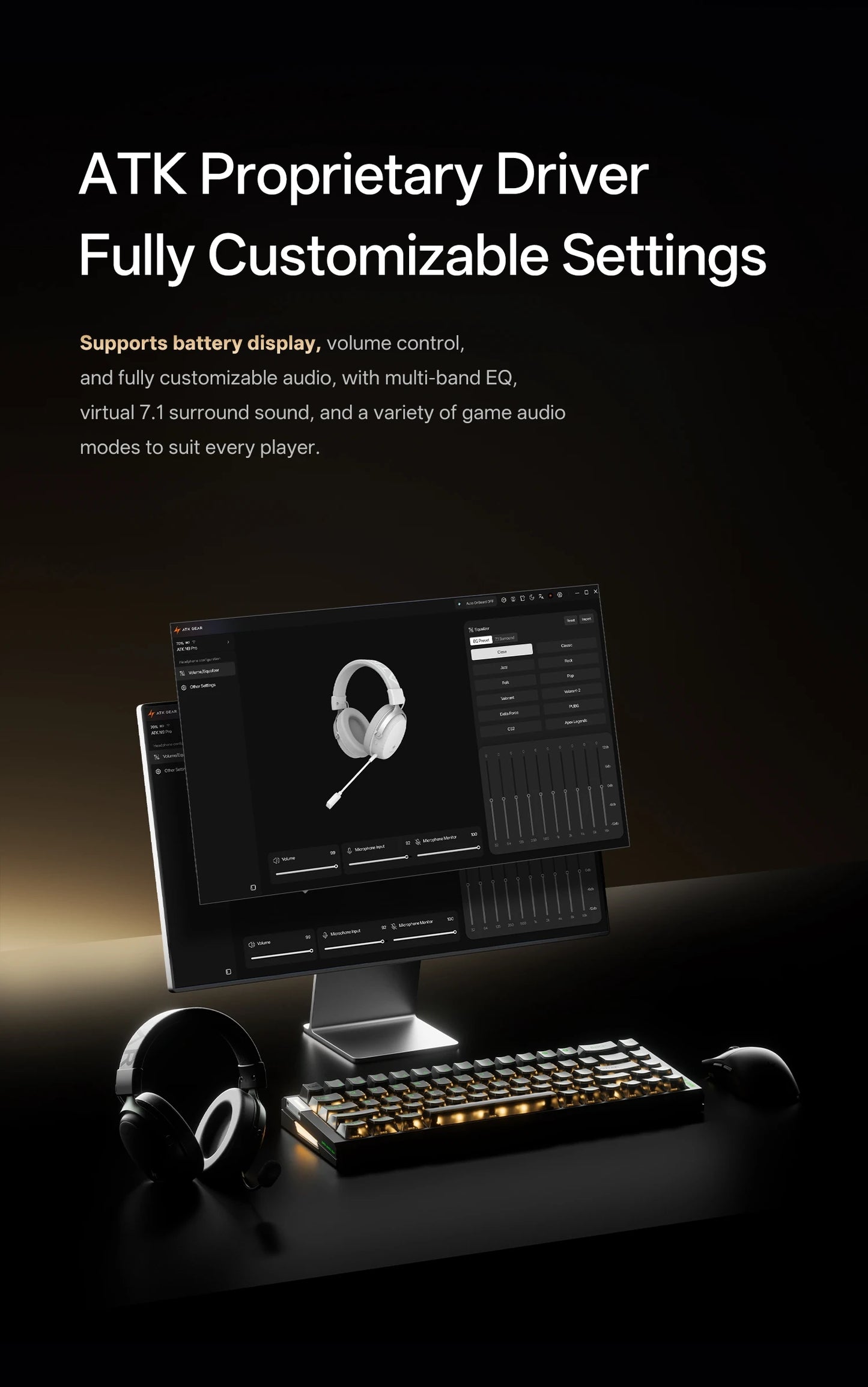 ATK N9 Game Headset Three Mode Wireless Headworn PS5  PC Gaming Headset Microphone Virtual 7.1 Surround Noise Reduction Headset