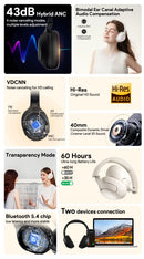 QCY H3 ANC Hi-Res Audio Wireless Bluetooth 5.4 Headphones Over Ear Headset 60Hrs 43dB Hybrid Active Noise Cancellation Earphone