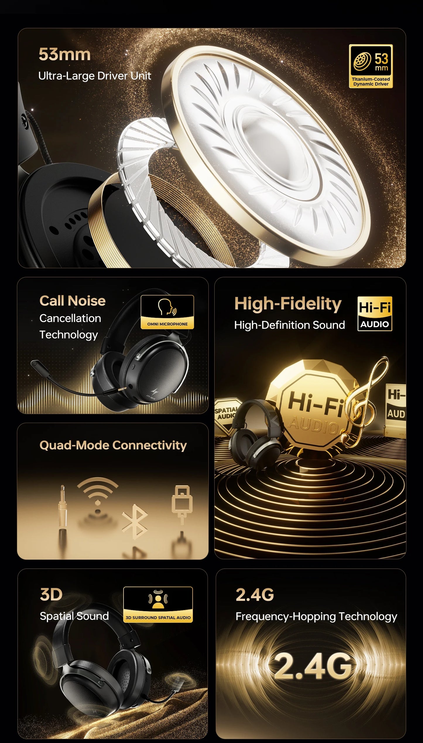 ATK N9 Game Headset Three Mode Wireless Headworn PS5  PC Gaming Headset Microphone Virtual 7.1 Surround Noise Reduction Headset